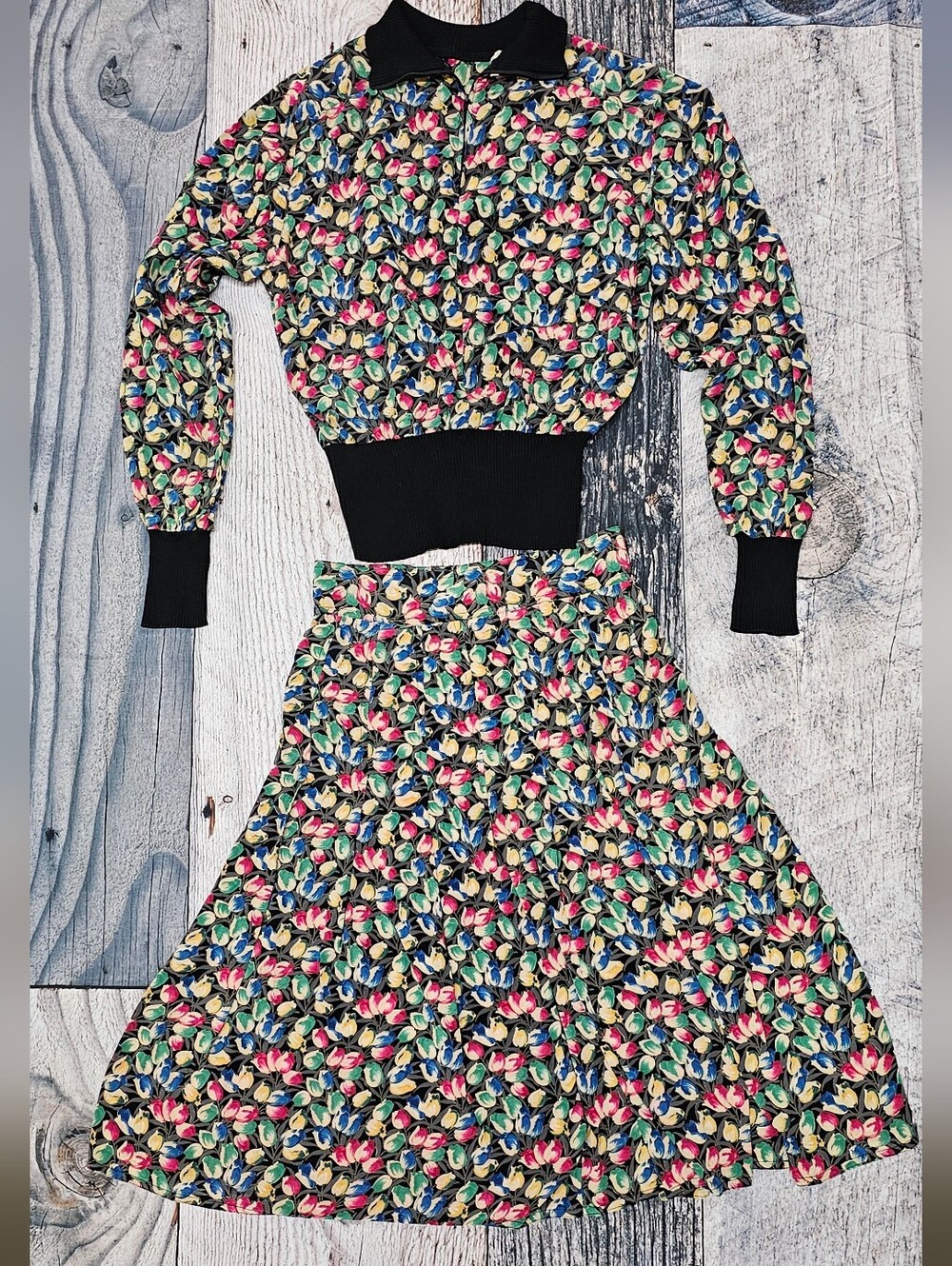 Ungaro Solo Donna Paris Silk Floral Rib Hemline Blouse & Skirt 40/6 Vintage 80s